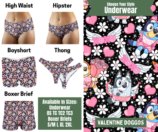 Preorder! Closes 11/24. ETA Jan. Valentine Doggos Hipster, High Waist, Boyshort, & Thong Underwear & Boxer Briefs
