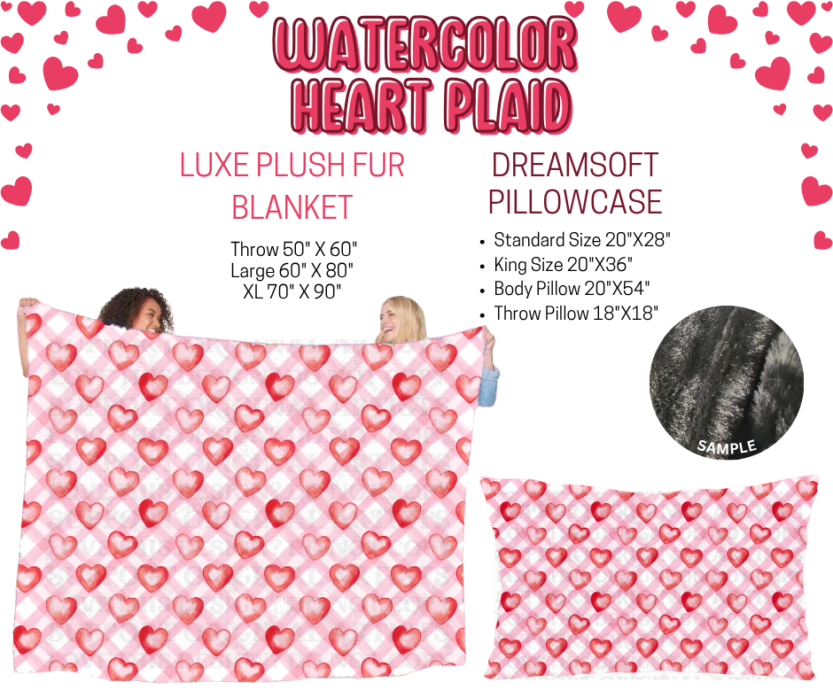 Preorder! Closes 11/17. ETA Jan. Watercolor Heart Plaid Luxe Plush Fur Blanket and/or DreamSoft Pillowcase