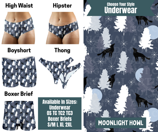 Preorder! Closes 9/30. ETA Dec. Moonlight Howl Hipster, High Waist, Boyshort, & Thong Underwear & Boxer Briefs