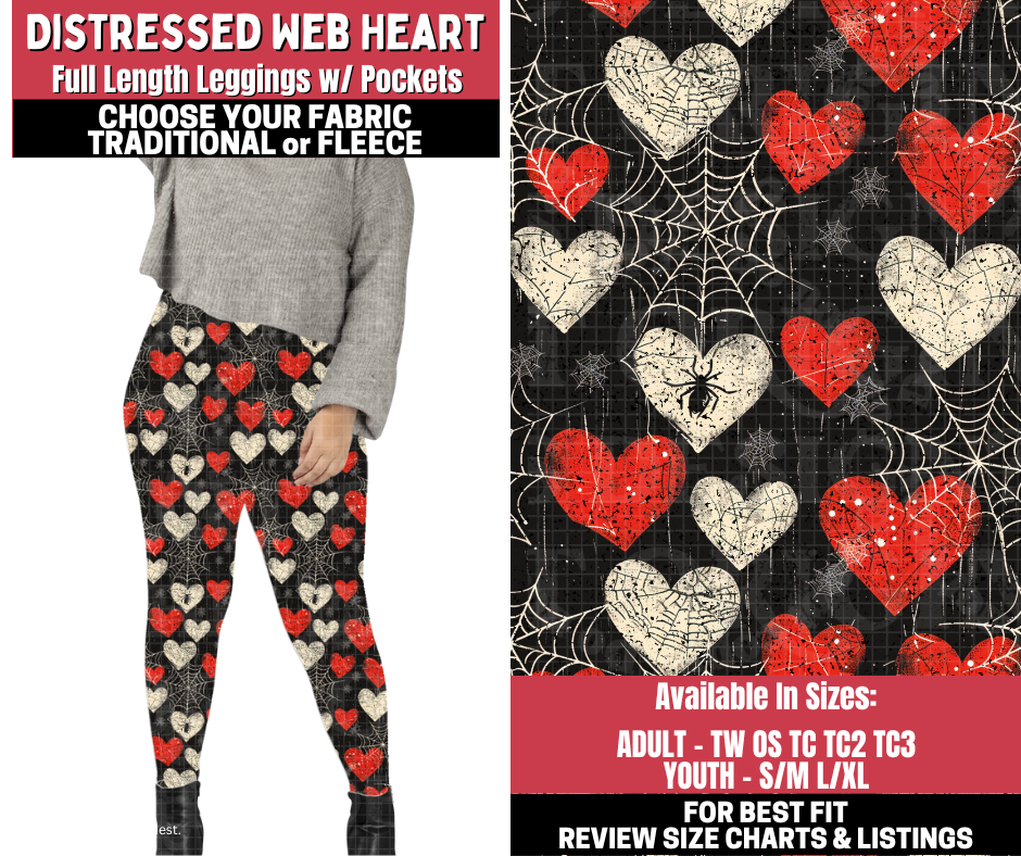 Preorder! Closes 11/13. ETA Jan. Distressed Web Heart Leggings Choose Fleece or Traditional