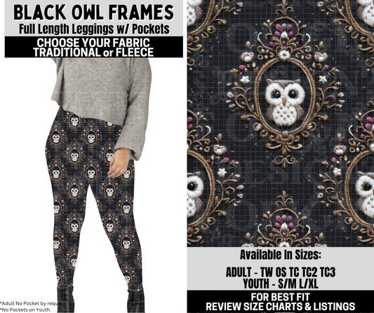 Preorder! Closes 10/6. ETA Dec. Black Owl Frames Leggings Choose Fleece or Traditional