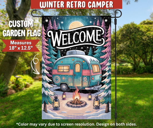 Preorder! Closes 9/22. ETA Dec. Winter Retro Camper Garden Flag