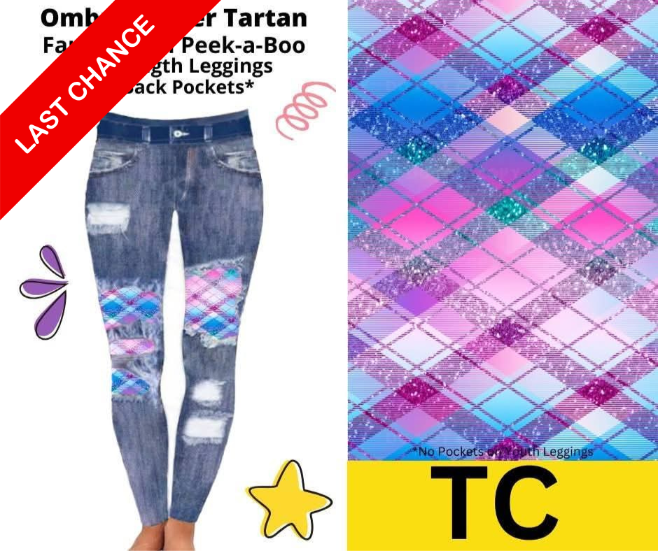 Ombre Glitter Tartan Faux Denim Full Length Peekaboo Leggings