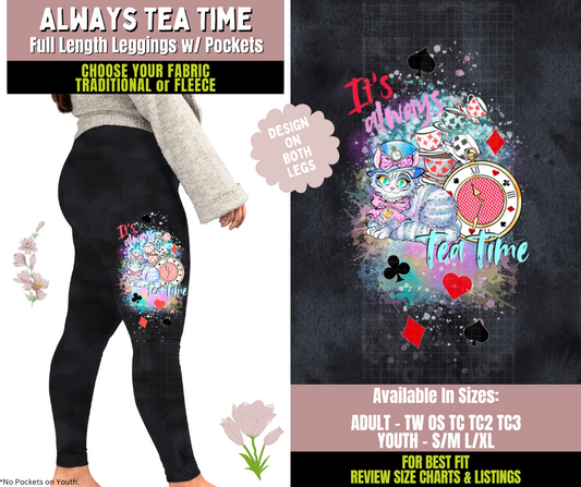 Preorder! Closes 10/8. ETA Dec. Always Tea Time Watercolor Leggings w/ Side Leg Designs Choose Fleece or Traditional