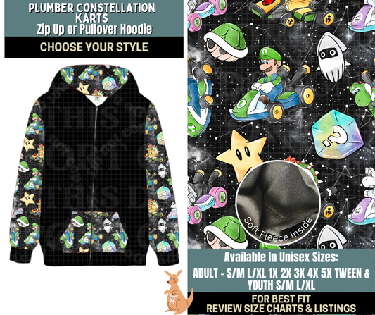 Preorder! Closes 10/2. ETA Dec. Plumber Constellations Karts Zip-Up or Pullover Hoodie