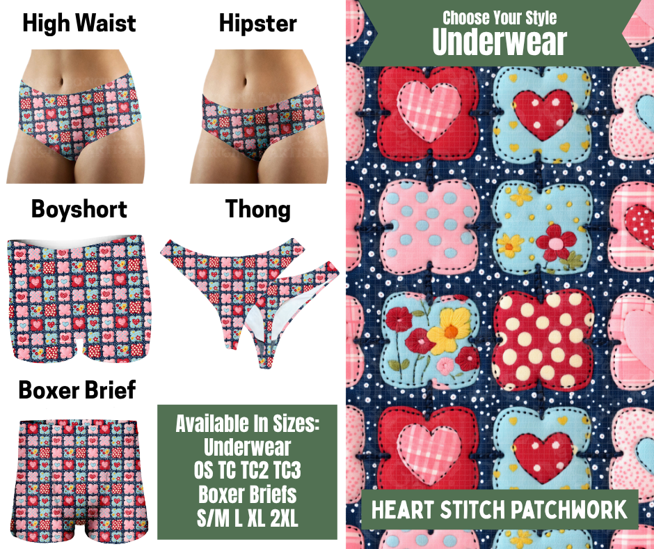 Preorder! Closes 11/24. ETA Jan. Heart Stitch Patchwork Hipster, High Waist, Boyshort, & Thong Underwear & Boxer Briefs