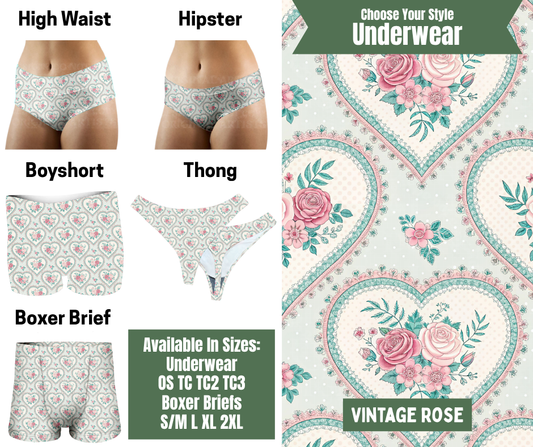 Preorder! Closes 11/24. ETA Jan. Vintage Rose Hipster, High Waist, Boyshort, & Thong Underwear & Boxer Briefs