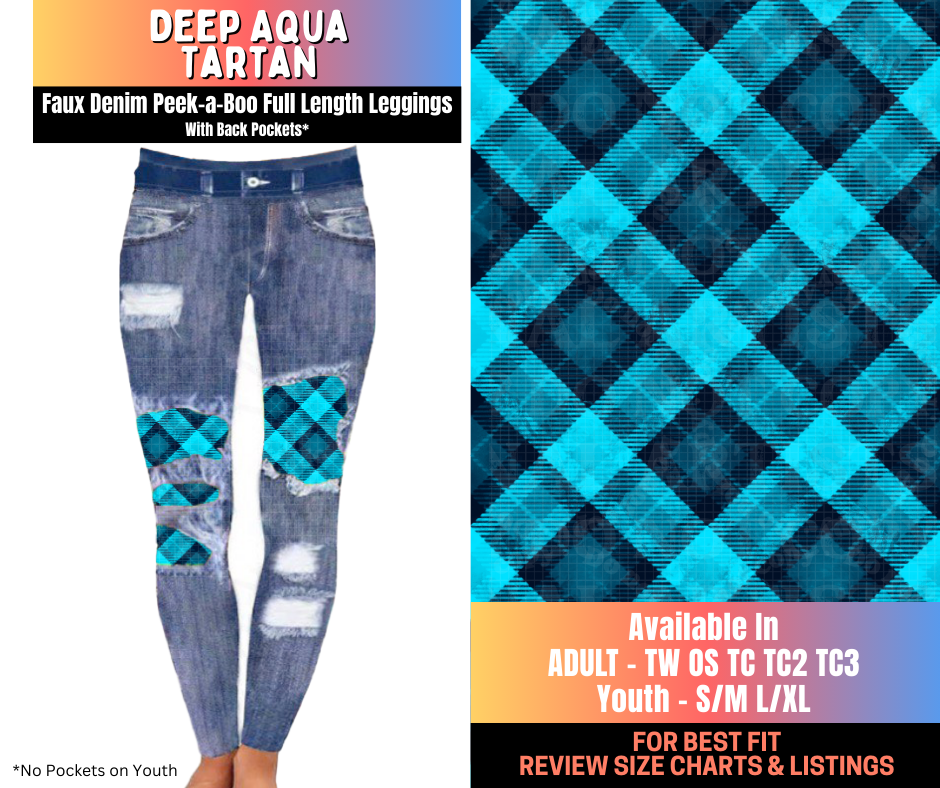 Preorder! Closes 10/16. ETA Jan. Deep Aqua Tartan Full Length Faux Denim Peekaboo