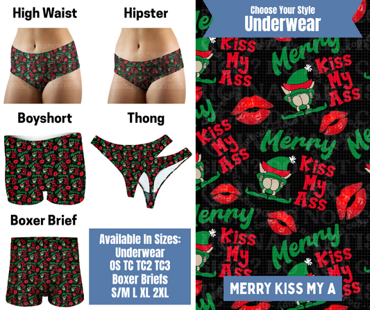 Preorder! Closes 8/26. ETA Nov. Merry Kiss My A Hipster, High Waist, Boyshort, & Thong Underwear & Boxer Briefs