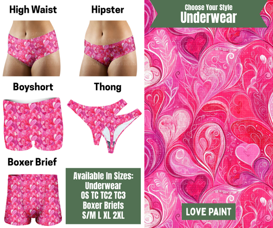 Preorder! Closes 11/24. ETA Jan. Love Paint Hipster, High Waist, Boyshort, & Thong Underwear & Boxer Briefs
