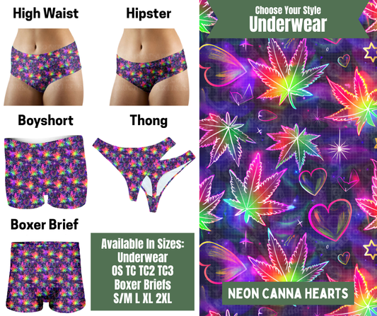 Preorder! Closes 11/24. ETA Jan. Neon Canna Hearts Hipster, High Waist, Boyshort, & Thong Underwear & Boxer Briefs