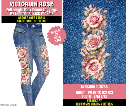 Preorder! Closes 11/20. ETA Jan. Victorian Rose Faux Denim Leggings w/ Side Leg Designs Choose Fleece or Traditional
