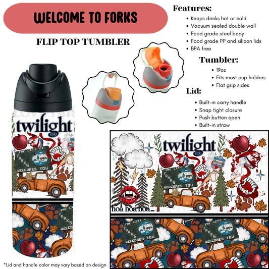 Preorder! Closes 9/18. ETA Dec. Welcome to Forks Flip Top Tumbler