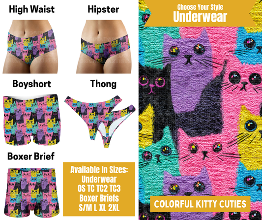 Preorder! Closes 10/28. ETA Jan. Colorful Kitty Cuties Hipster, High Waist, Boyshort, & Thong Underwear & Boxer Briefs