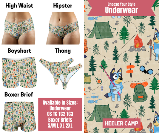 Preorder! Closes 9/29. ETA Dec. Heeler Camp Hipster, High Waist, Boyshort, & Thong Underwear & Boxer Briefs