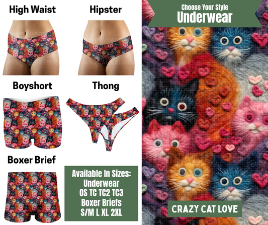 Preorder! Closes 11/24. ETA Jan. Crazy Cat Love Hipster, High Waist, Boyshort, & Thong Underwear & Boxer Briefs