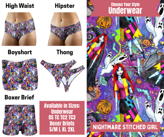 Preorder! Closes 9/29. ETA Dec. Nightmare Stitched Girl Hipster, High Waist, Boyshort, & Thong Underwear & Boxer Briefs