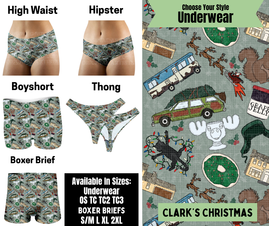 Preorder! Closes 8/25. ETA Nov. Clark's Christmas Hipster, High Waist, Boyshort, & Thong Underwear & Boxer Briefs