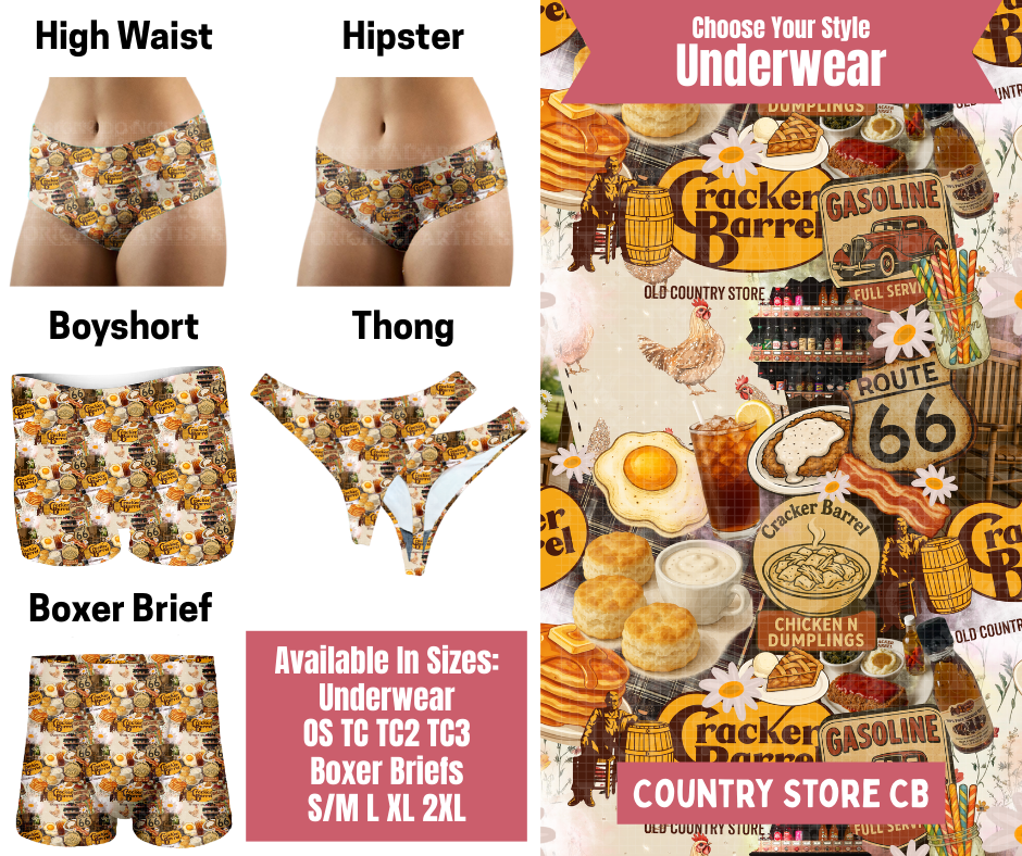 Preorder! Closes 9/29. ETA Dec. Country Store CB Hipster, High Waist, Boyshort, & Thong Underwear & Boxer Briefs