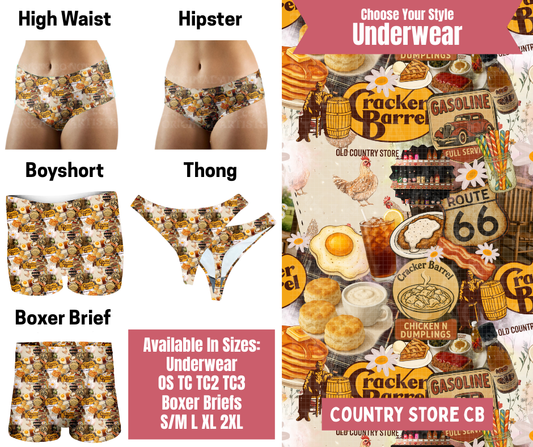Preorder! Closes 9/29. ETA Dec. Country Store CB Hipster, High Waist, Boyshort, & Thong Underwear & Boxer Briefs