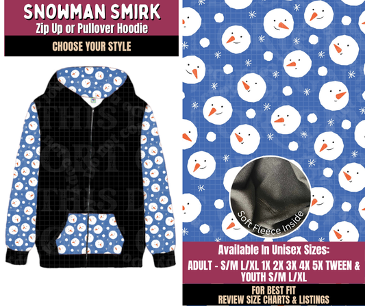 Preorder! Closes 8/27. ETA Nov. Snowman Smirk Zip-Up or Pullover Hoodie