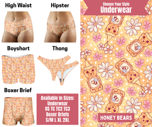 Preorder! Closes 9/29. ETA Dec. Honey Bears Hipster, High Waist, Boyshort, & Thong Underwear & Boxer Briefs