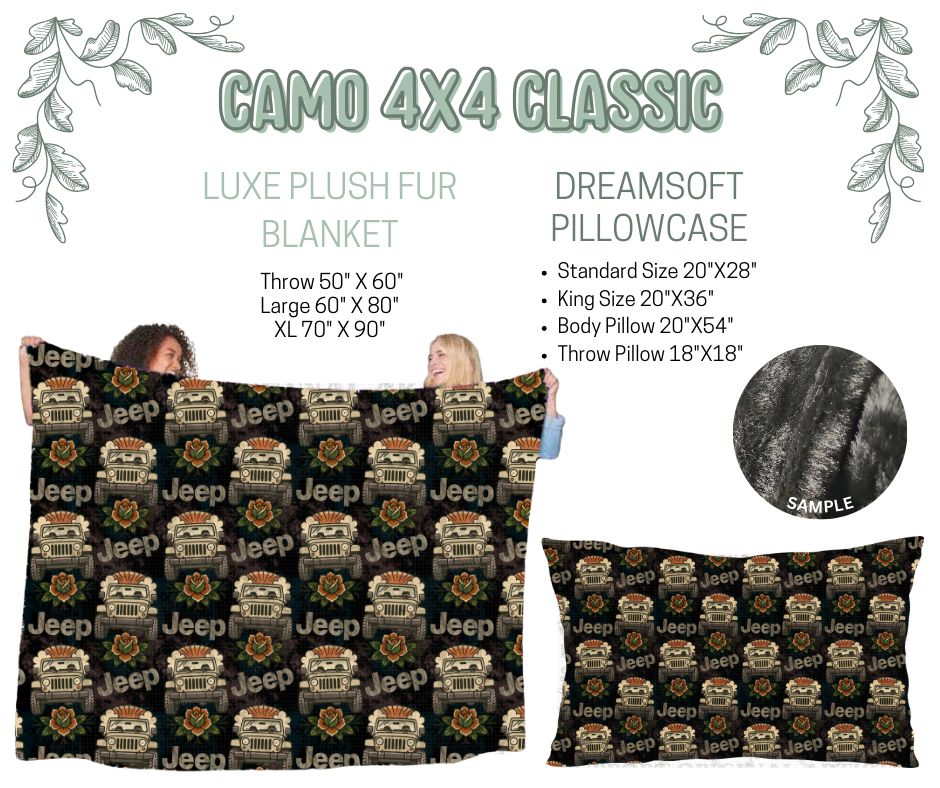 Preorder! Closes 10/9. ETA Dec. Camo 4x4 Classic Luxe Plush Fur Blanket and/or DreamSoft Pillowcase