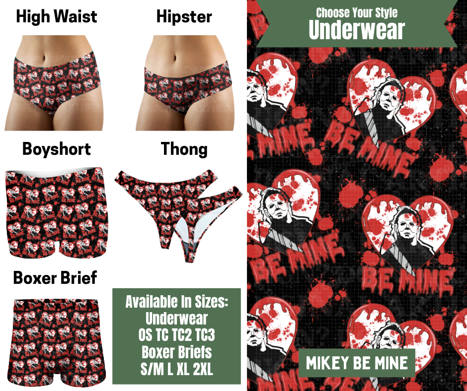 Preorder! Closes 11/24. ETA Jan. Mikey Be Mine Hipster, High Waist, Boyshort, & Thong Underwear & Boxer Briefs