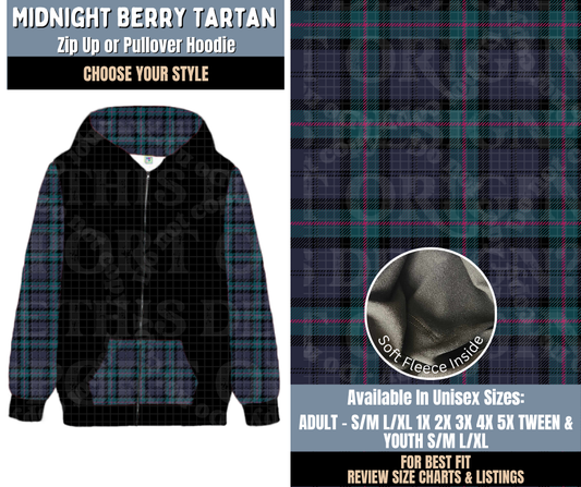 Preorder! Closes 9/24. ETA Dec. Midnight Berry Tartan Zip-Up or Pullover Hoodie