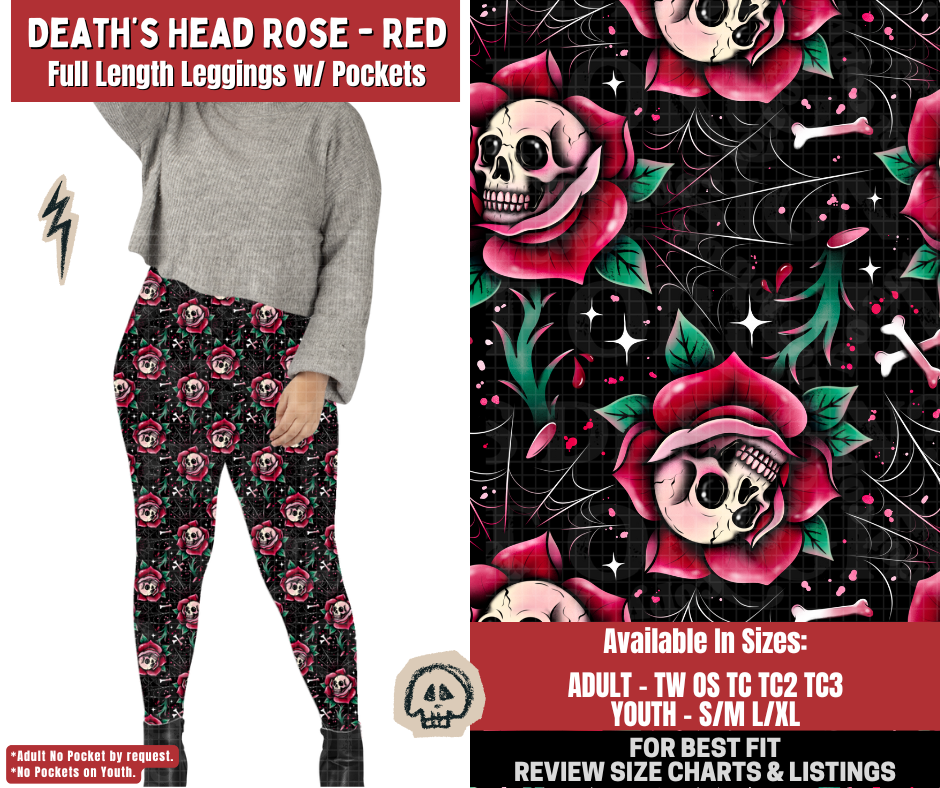 Preorder! Closes 12/22. ETA March. Death's Head Rose - Red Full Length Leggings w/wo Pockets