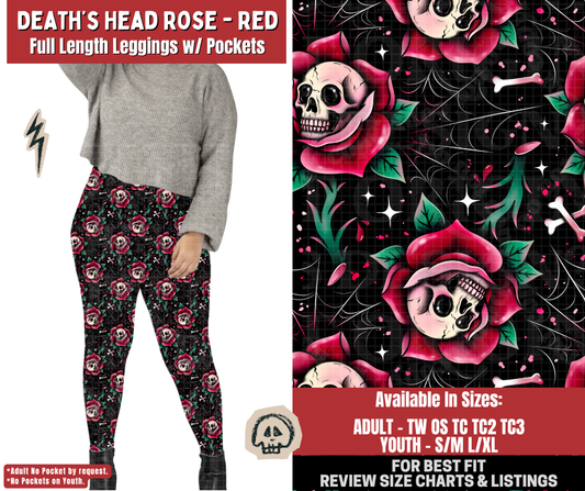 Preorder! Closes 12/22. ETA March. Death's Head Rose - Red Full Length Leggings w/wo Pockets