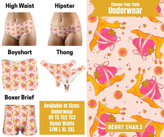 Preorder! Closes 10/28. ETA Jan. Berry Snails Hipster, High Waist, Boyshort, & Thong Underwear & Boxer Briefs