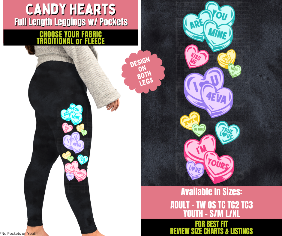 Preorder! Closes 11/20. ETA Jan. Candy Hearts Watercolor Leggings w/ Side Leg Designs Choose Fleece or Traditional