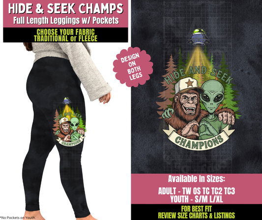 Preorder! Closes 11/5. ETA Jan. Hide & Seek Champs Watercolor Leggings w/ Side Leg Designs Choose Fleece or Traditional