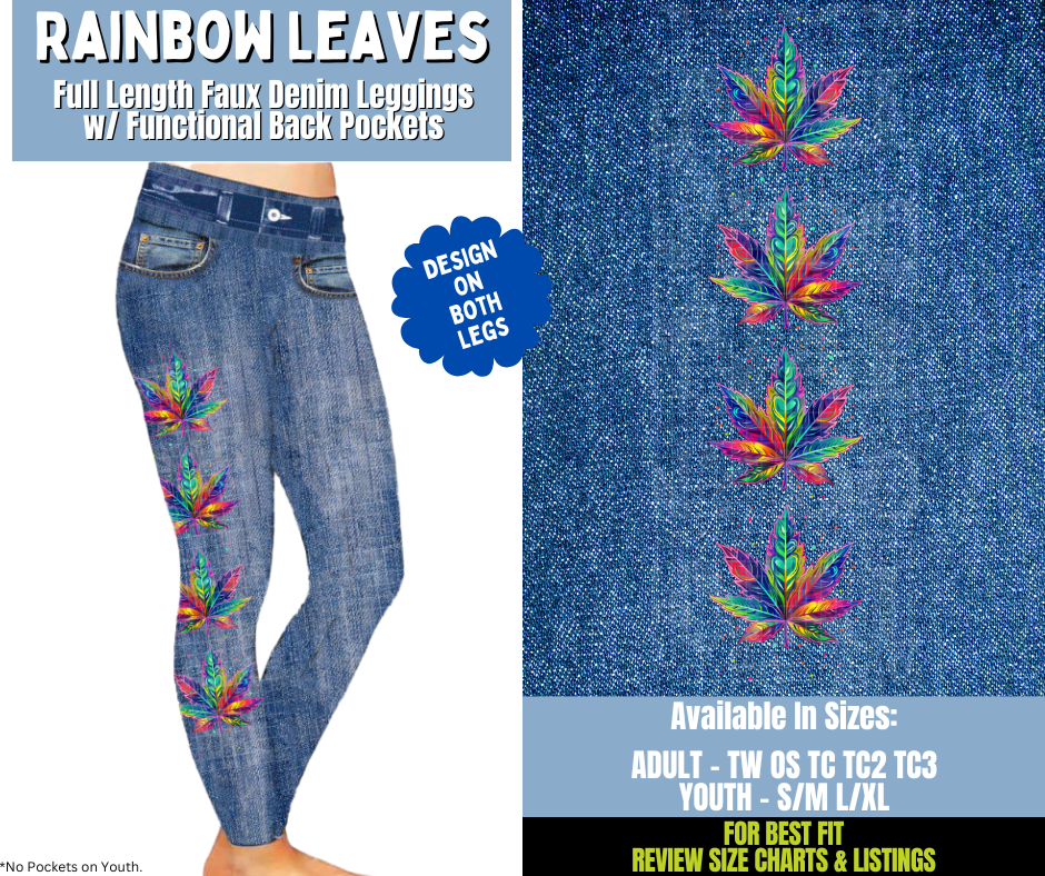 Preorder! Closes 12/15. ETA March. Rainbow Leaves Full Length Faux Denim w/ Side Leg Designs