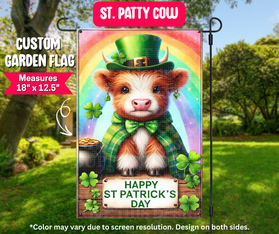Preorder! Closes 12/25. ETA March. St. Patty's Cow Garden Flag