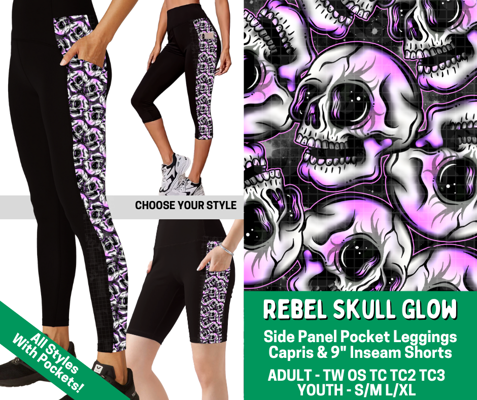 Preorder! Closes 2/18. ETA May. Rebel Skull Glow Combo Side Panel Legging Lengths - Alonna's Legging Land
