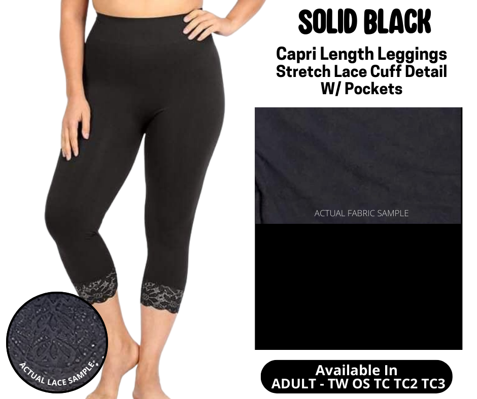 Solid Black Lace Cuff Capris w/ Pockets - Alonna's Legging Land