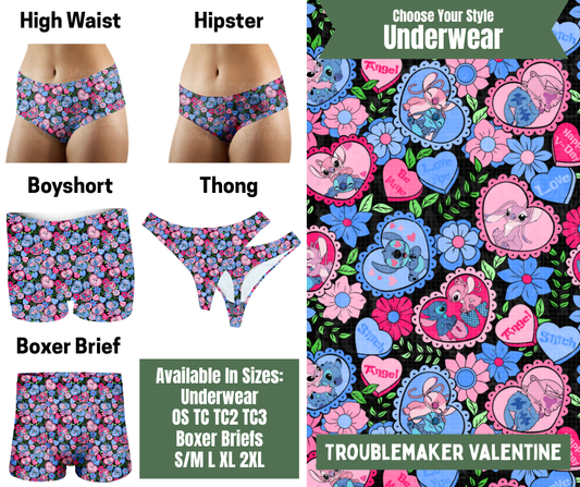 Preorder! Closes 11/24. ETA Jan. Troublemaker Valentine Hipster, High Waist, Boyshort, & Thong Underwear & Boxer Briefs