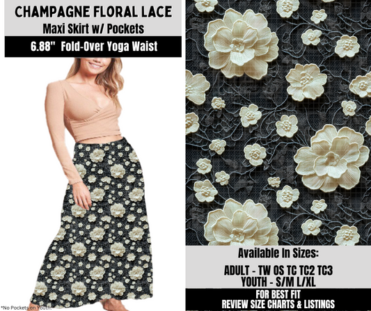 Preorder! Closes 10/6. ETA Dec. Champagne Floral Lace Maxi Skirt