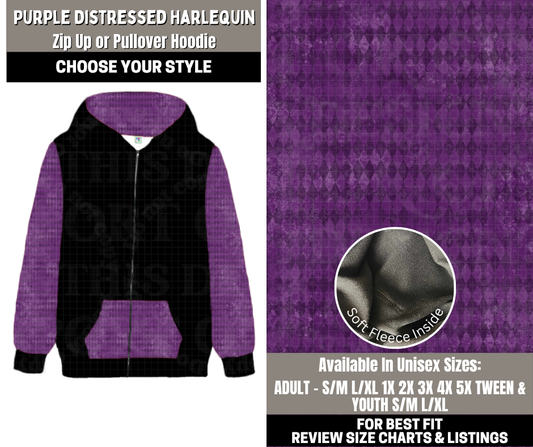 Preorder! Closes 12/1. ETA Feb. Purple Distressed Harlequin Zip-Up or Pullover Hoodie