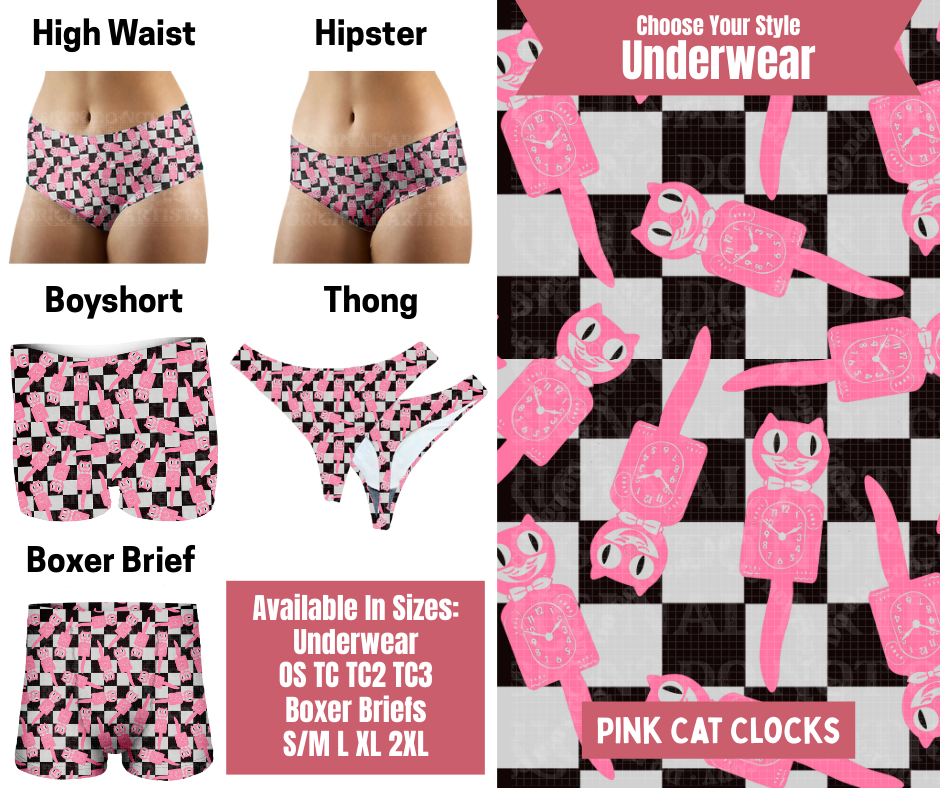 Preorder! Closes 9/29. ETA Dec. Pink Cat Clocks Hipster, High Waist, Boyshort, & Thong Underwear & Boxer Briefs