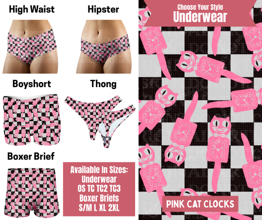 Preorder! Closes 9/29. ETA Dec. Pink Cat Clocks Hipster, High Waist, Boyshort, & Thong Underwear & Boxer Briefs