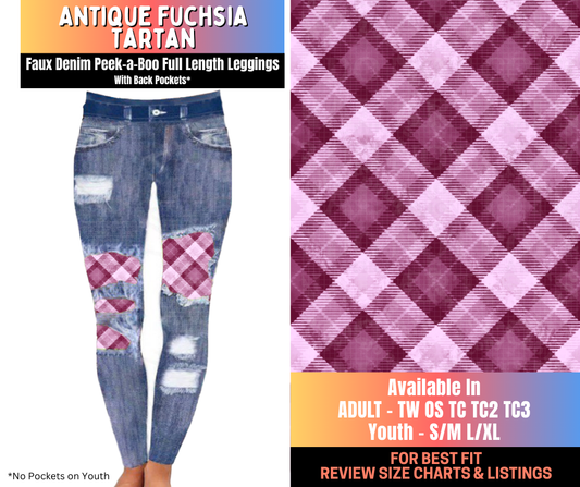 Preorder! Closes 10/16. ETA Jan. Antique Fuchsia Tartan Full Length Faux Denim Peekaboo