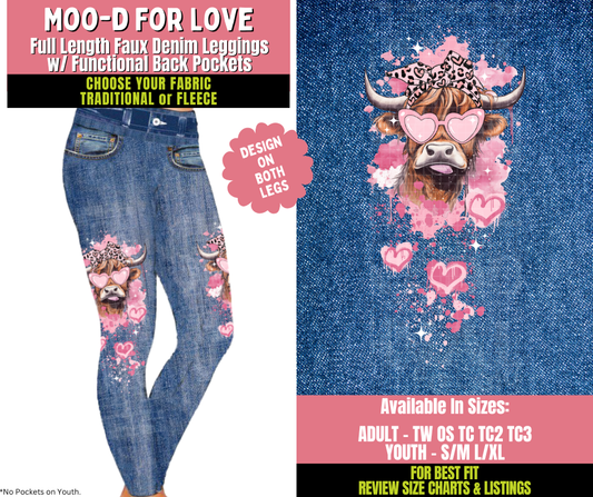 Preorder! Closes 11/20. ETA Jan. Moo-D For Love Faux Denim Leggings w/ Side Leg Designs Choose Fleece or Traditional
