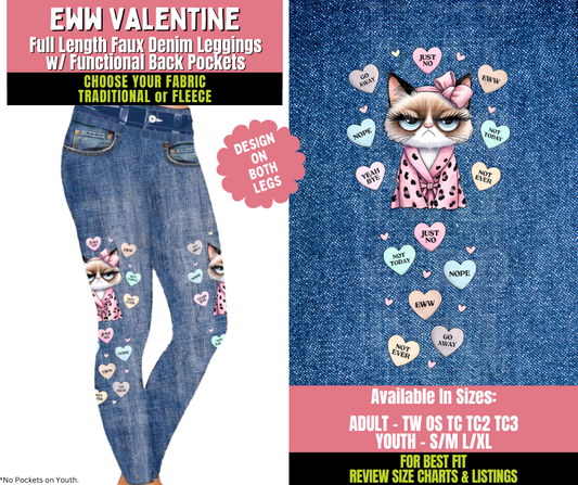 Preorder! Closes 11/20. ETA Jan. Eww Valentine Faux Denim Leggings w/ Side Leg Designs Choose Fleece or Traditional