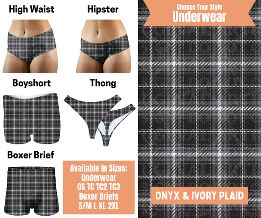 Preorder! Closes 11/5. ETA Feb. Onyx & Ivory Plaid Hipster, High Waist, Boyshort, & Thong Underwear & Boxer Briefs
