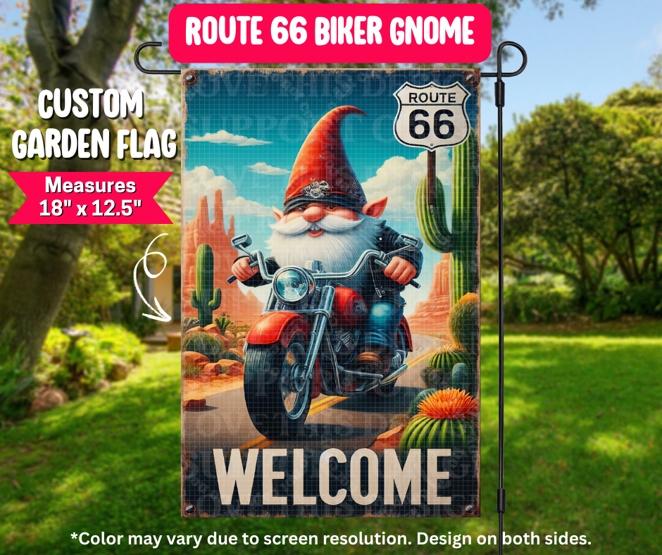 Preorder! Closes 12/25. ETA March. Route 66 Biker Gnome Garden Flag