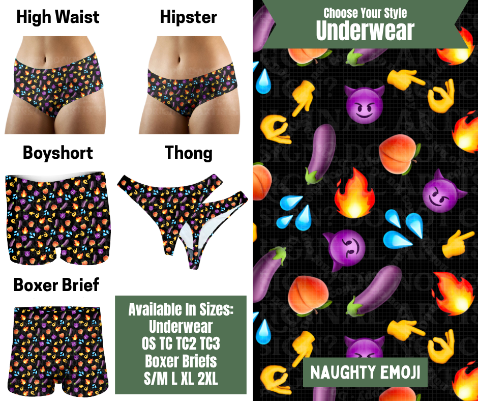 Preorder! Closes 11/24. ETA Jan. Naughty Emoji Hipster, High Waist, Boyshort, & Thong Underwear & Boxer Briefs