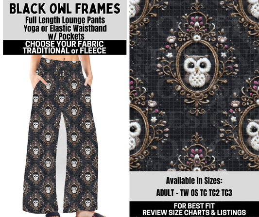 Preorder! Closes 10/6. ETA Dec. Black Owl Frames Lounge Pants Choose Fleece or Traditional